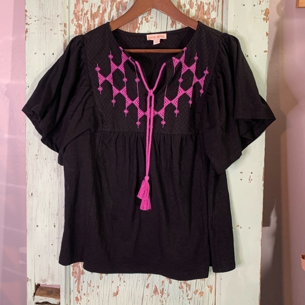Women’s Knox Rose black peasant blouse with pink embroidery & flowy sleeves